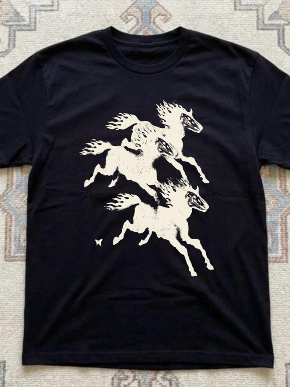 Running Horses Skeleton Flames Animal Wildlife Vintage Black T-Shirt